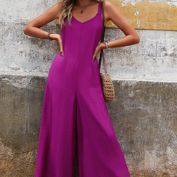 Pants - Violet Purple Casual Women's Summer Wide Leg Jumpsuit